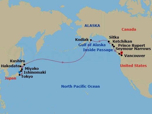 Route map: Tokyo → Ishinomaki, Japan → Miyako, Iwate → Hakodate → Kushiro → Kodiak → Glacier Bay → Sitka → Ketchikan → Prince Rupert