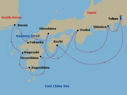 Route map: Tokyo, Japan → Kochi, Japan → Hososhima, Japan → Kagoshima, Japan → Nagasaki, Japan → Busan (Pusan), South Korea → Fukuoka (Hakata), Japan → Hiroshima, Japan → Osaka, Japan → Shimizu, Japan