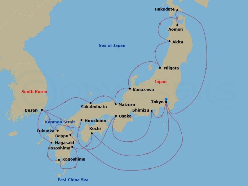 Route map: Tokyo, Japan → Kochi, Japan → Hososhima, Japan → Kagoshima, Japan → Nagasaki, Japan → Busan (Pusan), South Korea → Fukuoka (Hakata), Japan → Hiroshima, Japan → Osaka, Japan → Shimizu, Japan