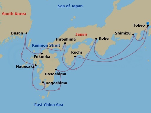 Route map: Tokyo, Japan → Kochi, Japan → Hososhima, Japan → Kagoshima, Japan → Nagasaki, Japan → Busan (Pusan), South Korea → Fukuoka (Hakata), Japan → Hiroshima, Japan → Kobe, Japan → Shimizu, Japan