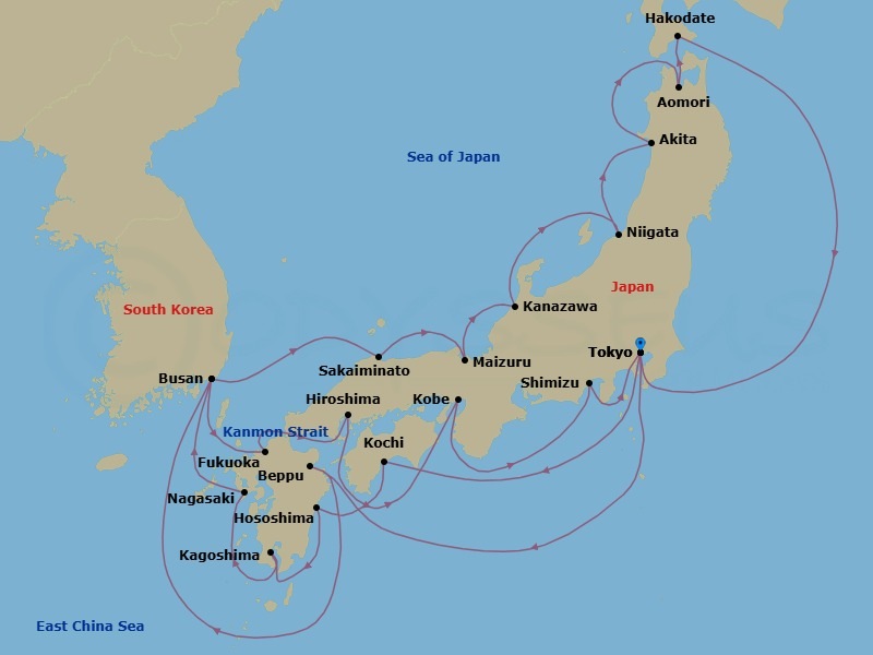 Route map: Tokyo, Japan → Kochi, Japan → Hososhima, Japan → Kagoshima, Japan → Nagasaki, Japan → Busan (Pusan), South Korea → Fukuoka (Hakata), Japan → Hiroshima, Japan → Kobe, Japan → Shimizu, Japan