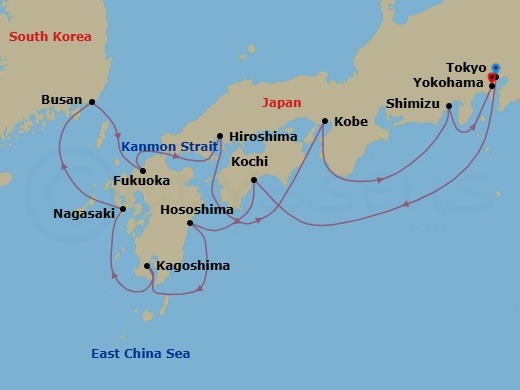 Route map: Tokyo, Japan → Kochi, Japan → Hososhima, Japan → Kagoshima, Japan → Nagasaki, Japan → Busan (Pusan), South Korea → Fukuoka (Hakata), Japan → Hiroshima, Japan → Kobe, Japan → Shimizu, Japan
