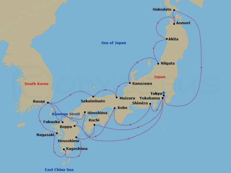 Route map: Tokyo, Japan → Kochi, Japan → Hososhima, Japan → Kagoshima, Japan → Nagasaki, Japan → Busan (Pusan), South Korea → Fukuoka (Hakata), Japan → Hiroshima, Japan → Kobe, Japan → Shimizu, Japan