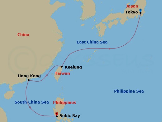 Route map: Tokyo → Keelung (Taipei) → HONGKONG → Subic Bay