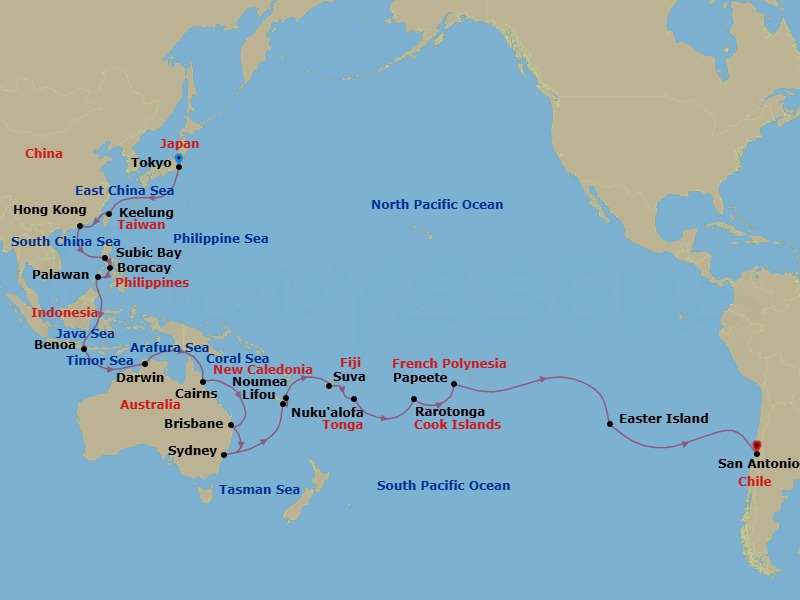Route map: Tokyo → Keelung (Taipei) → HONGKONG → Subic Bay → Boracay → Puerto Princesa (Palawan) → Benoa (Bali) → Darwin → Cairns → Brisbane