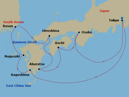 Route map: Tokyo, Japan → Kagoshima, Japan → Nagasaki, Japan → Busan, South Korea → Kanmon Straits, Japan → Hiroshima, Japan → Miyazaki (Aburatsu), Japan → Kochi, Japan → Osaka (for Kyoto), Japan → Tokyo, Japan