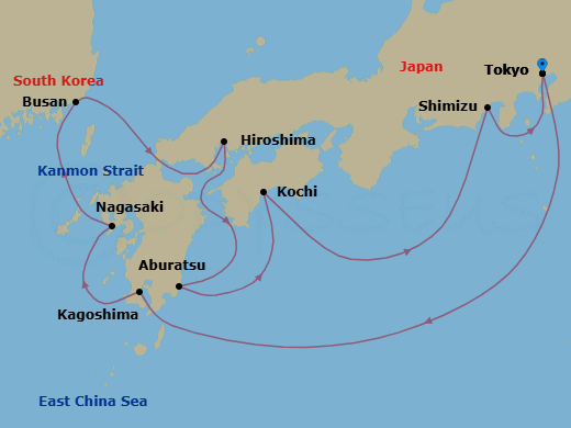 Route map: Tokyo, Japan → Kagoshima, Japan → Nagasaki, Japan → Busan, South Korea → Kanmon Straits, Japan → Hiroshima, Japan → Miyazaki (Aburatsu), Japan → Kochi, Japan → Shimizu (for Mt. Fuji), Japan → Tokyo, Japan