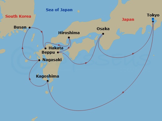 Route map: Tokyo → Kagoshima → Nagasaki → Busan (Pusan) → Hakata/Fukuoka → Hiroshima → Beppu → Osaka → Tokyo