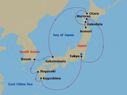 Route map: Tokyo, Japan → Muroran, Japan → Hakodate, Japan → Aomori, Japan → Otaru, Japan → Sakaiminato, Japan → Busan, South Korea → Nagasaki, Japan → Kagoshima, Japan → Tokyo, Japan