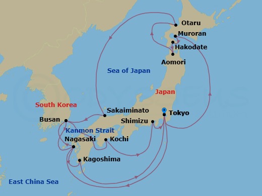Route map: Tokyo, Japan → Muroran, Japan → Hakodate, Japan → Aomori, Japan → Otaru, Japan → Sakaiminato, Japan → Busan, South Korea → Nagasaki, Japan → Kagoshima, Japan → Tokyo, Japan
