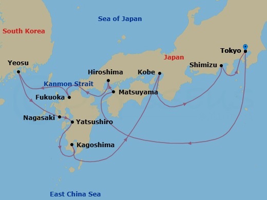 Route map: Tokyo, Japan → Matsuyama, Japan → Hiroshima, Japan → Fukuoka (Hakata), Japan → Yeosu, South Korea → Nagasaki, Japan → Yatsushiro, Japan → Kagoshima, Japan → Kobe, Japan → Shimizu, Japan