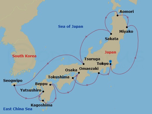 Route map: Tokyo, Japan → Miyako, Japan → Aomori, Japan → Sakata, Japan → Tsuruga, Japan → Jeju (Seogwipo), South Korea → Yatsushiro, Japan → Kagoshima, Japan → Beppu, Japan → Osaka (for Kyoto), Japan