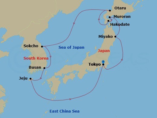 Route map: Tokyo, Japan → Miyako, Japan → Muroran, Japan → Hakodate, Japan → Otaru, Japan → Sokcho, South Korea → Busan (Pusan), South Korea → Jeju (Cheju) City, South Korea → Tokyo, Japan