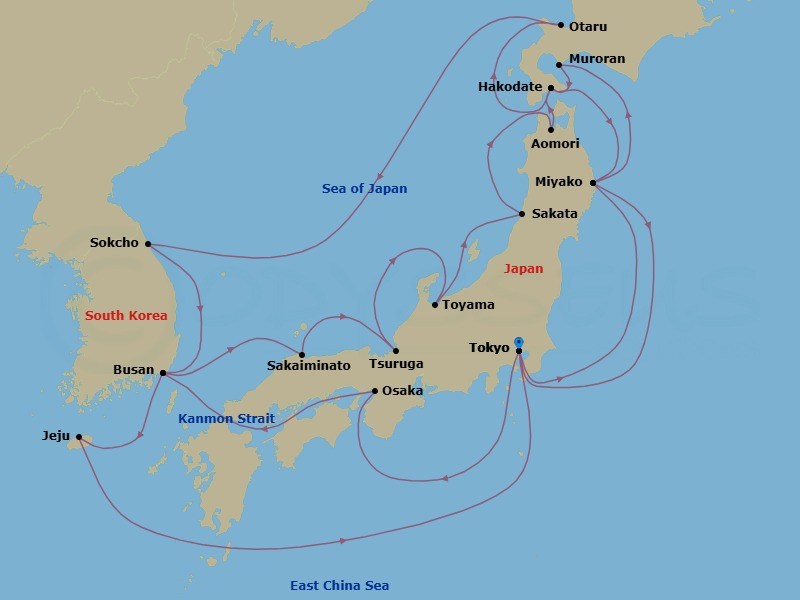 Route map: Tokyo, Japan → Miyako, Japan → Muroran, Japan → Hakodate, Japan → Otaru, Japan → Sokcho, South Korea → Busan (Pusan), South Korea → Jeju (Cheju) City, South Korea → Tokyo, Japan → Osaka, Japan