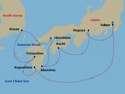 Route map: Tokyo, Japan → Nagoya, Japan → Kochi, Japan → Miyazaki (Aburatsu), Japan → Hiroshima, Japan → Kanmon Straits, Japan → Busan, South Korea → Yatsushiro, Japan → Kagoshima, Japan → Tokyo, Japan