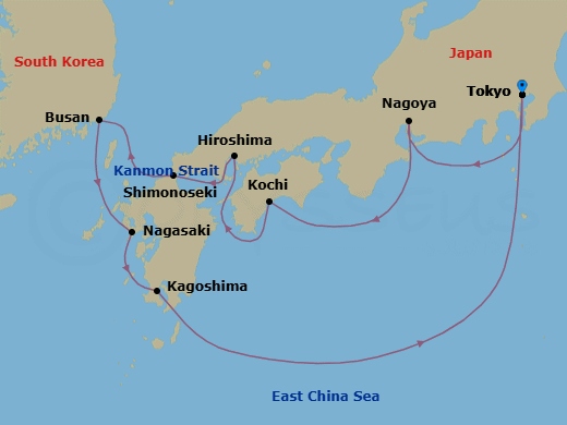 Route map: Tokyo, Japan → Nagoya, Japan → Kochi, Japan → Hiroshima, Japan → Kanmon Straits, Japan → Shimonoseki, Japan → Busan, South Korea → Nagasaki, Japan → Kagoshima, Japan → Tokyo, Japan