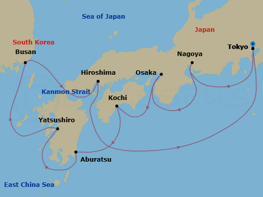 Route map: Tokyo, Japan → Nagoya, Japan → Osaka (for Kyoto), Japan → Kochi, Japan → Miyazaki (Aburatsu), Japan → Yatsushiro, Japan → Busan, South Korea → Kanmon Straits, Japan → Hiroshima, Japan → Tokyo, Japan