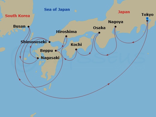 Route map: Tokyo → Nagoya, Aichi → Osaka → Kochi → Hiroshima → Beppu → Busan (Pusan) → Nagasaki → Shimonoseki → Tokyo