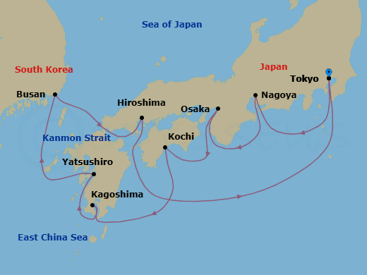 Route map: Tokyo, Japan → Nagoya, Japan → Osaka (for Kyoto), Japan → Kochi, Japan → Kagoshima, Japan → Yatsushiro, Japan → Busan, South Korea → Kanmon Straits, Japan → Hiroshima, Japan → Tokyo, Japan