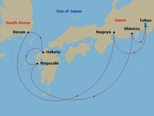 Route map: Tokyo → Nagoya, Aichi → Busan (Pusan) → Hakata/Fukuoka → Nagasaki → Shimizu → Tokyo