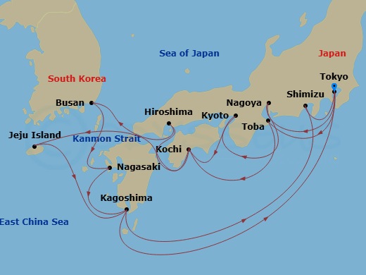 Route map: Tokyo, Japan → Nagoya, Japan → Osaka (for Kyoto), Japan → Kochi, Japan → Hiroshima, Japan → Kanmon Straits, Japan → Busan, South Korea → Nagasaki, Japan → Kagoshima, Japan → Shimizu (for Mt. Fuji), Japan