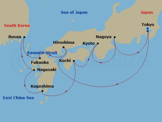 Route map: Tokyo → Nagoya → Kyoto (Kobe) → Kochi → Kagoshima → Nagasaki → Busan → Fukuoka(Hakata) → Hiroshima → Tokyo