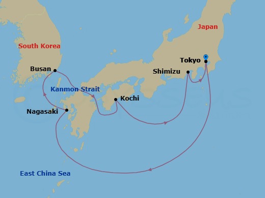 Route map: Tokyo, Japan → Nagasaki, Japan → Busan, South Korea → Kanmon Straits, Japan → Kochi, Japan → Shimizu (for Mt. Fuji), Japan → Tokyo, Japan