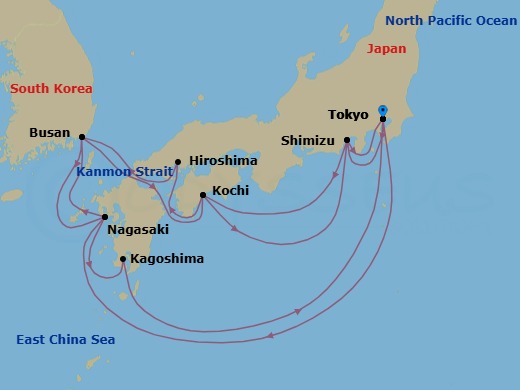 Route map: Tokyo, Japan → Nagasaki, Japan → Busan, South Korea → Kanmon Straits, Japan → Kochi, Japan → Shimizu (for Mt. Fuji), Japan → Tokyo, Japan → Shimizu (for Mt. Fuji), Japan → Kochi, Japan → Hiroshima, Japan