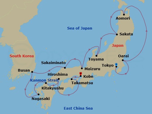 Route map: Tokyo → Oarai → Aomori → Sakata → Toyama (Imizu) → Maizuru → Sakaiminato → Busan → Nagasaki → Kitakyushu