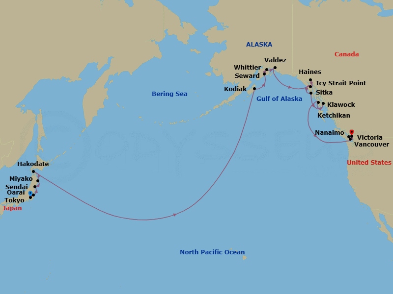 Route map: Tokyo → Oarai → Sendai, Miyagi → Miyako, Iwate → Hakodate → Kodiak, Alaska → Seward, Alaska → Whittier, Alaska → Valdez, Alaska → Cruise Hubbard Glacier