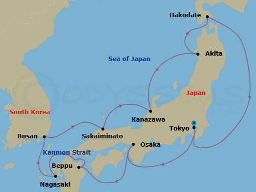 Route map: Tokyo → Osaka → Beppu → Nagasaki → Busan → Sakaiminato → Kanazawa → Akita → Hakodate → Tokyo