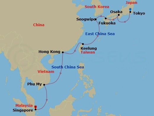 Route map: Tokyo → Osaka → Fukuoka → Seogwipo → Keelung → Hong Kong → Phu My → Singapore