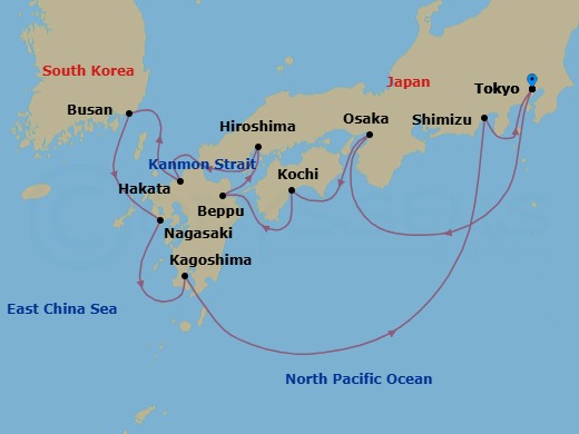 Route map: Tokyo → Osaka → Kochi → Beppu → Hiroshima → Kanmon Strait → Fukuoka(Hakata) → Busan → Nagasaki → Kagoshima