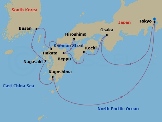 Route map: Tokyo → Osaka → Kochi → Beppu → Hiroshima → Kanmon Strait → Fukuoka(Hakata) → Busan → Nagasaki → Kagoshima