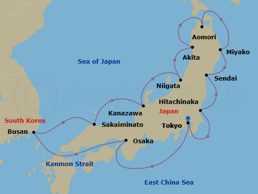 Route map: Tokyo, Japan → Osaka, Japan → Busan (Pusan), South Korea → Sakaiminato, Japan → Kanazawa, Japan → Niigata, Japan → Akita, Japan → Aomori, Japan → Miyako, Japan → Sendai, Japan