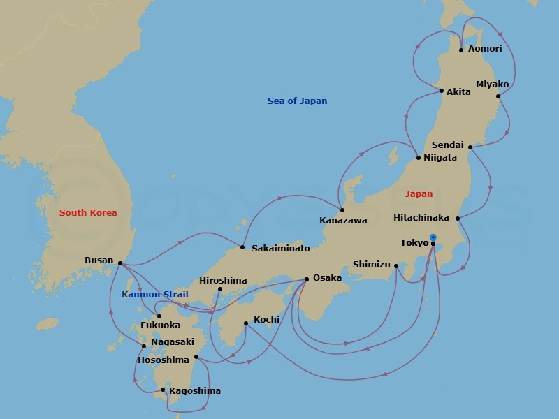 Route map: Tokyo, Japan → Osaka, Japan → Busan (Pusan), South Korea → Sakaiminato, Japan → Kanazawa, Japan → Niigata, Japan → Akita, Japan → Aomori, Japan → Miyako, Japan → Sendai, Japan