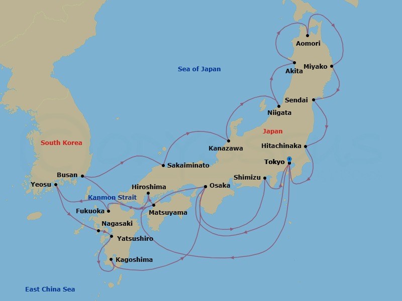 Route map: Tokyo, Japan → Osaka, Japan → Busan (Pusan), South Korea → Sakaiminato, Japan → Kanazawa, Japan → Niigata, Japan → Akita, Japan → Aomori, Japan → Miyako, Japan → Sendai, Japan