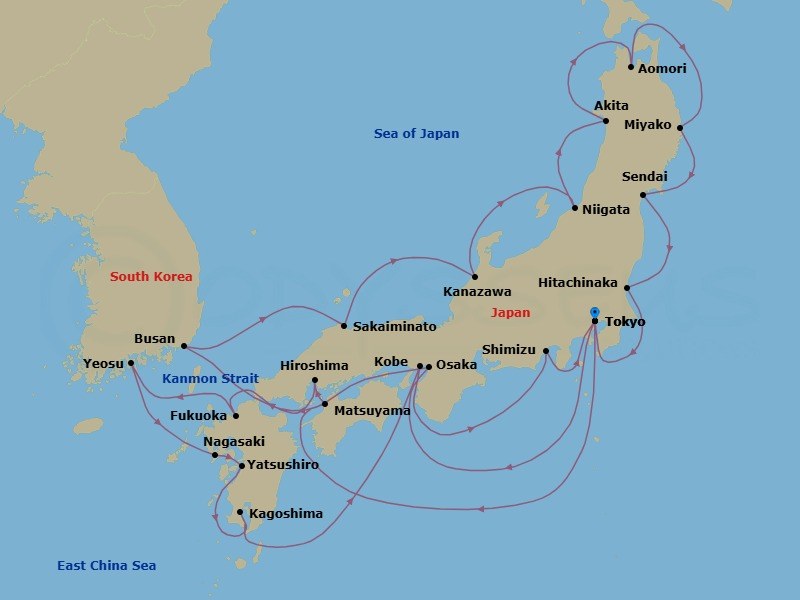 Route map: Tokyo, Japan → Osaka, Japan → Busan (Pusan), South Korea → Sakaiminato, Japan → Kanazawa, Japan → Niigata, Japan → Akita, Japan → Aomori, Japan → Miyako, Japan → Sendai, Japan