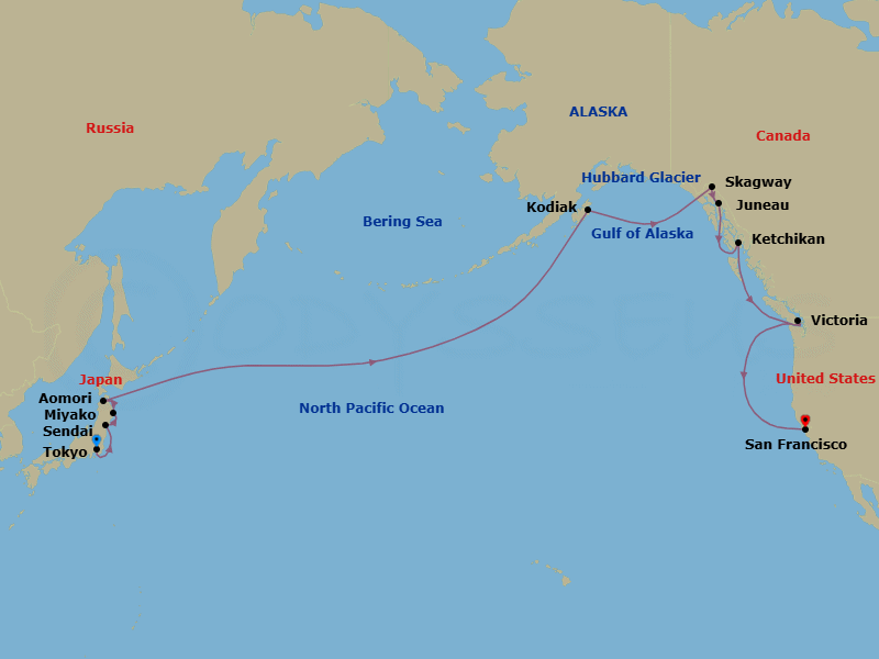 Route map: Tokyo → Sendai → Miyako → Aomori → Crossing The Internantional Date Line → Kodiak → Skagway → Juneau → Ketchikan → Victoria