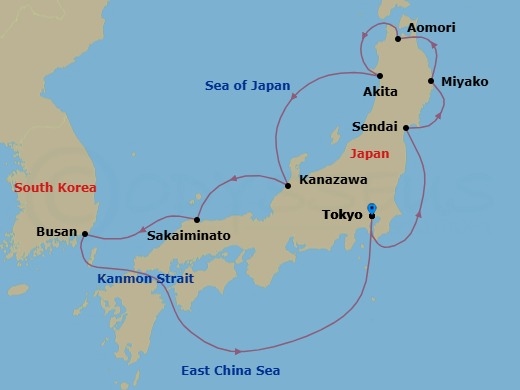 Route map: Tokyo → Sendai → Miyako → Aomori → Akita → Kanazawa → Sakaiminato → Busan → Tokyo