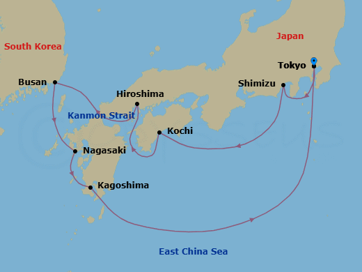 Route map: Tokyo, Japan → Shimizu (for Mt. Fuji), Japan → Kochi, Japan → Hiroshima, Japan → Kanmon Straits, Japan → Busan, South Korea → Nagasaki, Japan → Kagoshima, Japan → Tokyo, Japan