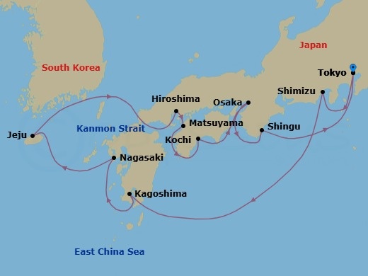 Route map: Tokyo, Japan → Shimizu, Japan → Kagoshima, Japan → Nagasaki, Japan → Jeju (Cheju) City, South Korea → Hiroshima, Japan → Matsuyama, Japan → Kochi, Japan → Osaka, Japan → Shingu, Japan