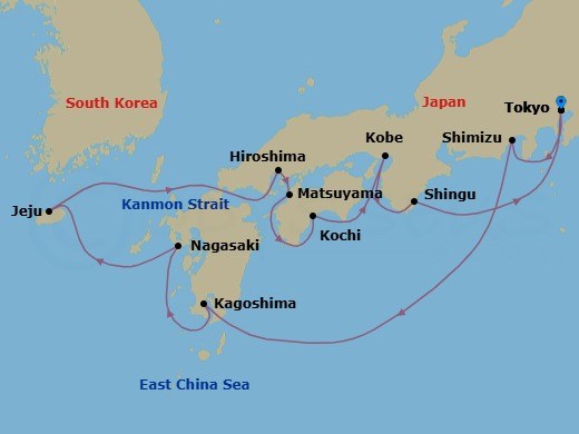 Route map: Tokyo, Japan → Shimizu, Japan → Kagoshima, Japan → Nagasaki, Japan → Jeju (Cheju) City, South Korea → Hiroshima, Japan → Matsuyama, Japan → Kochi, Japan → Kobe, Japan → Shingu, Japan