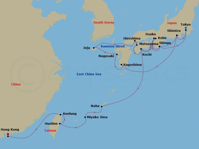 Route map: Tokyo, Japan → Shimizu, Japan → Kagoshima, Japan → Nagasaki, Japan → Jeju (Cheju) City, South Korea → Hiroshima, Japan → Matsuyama, Japan → Kochi, Japan → Kobe, Japan → Shingu, Japan