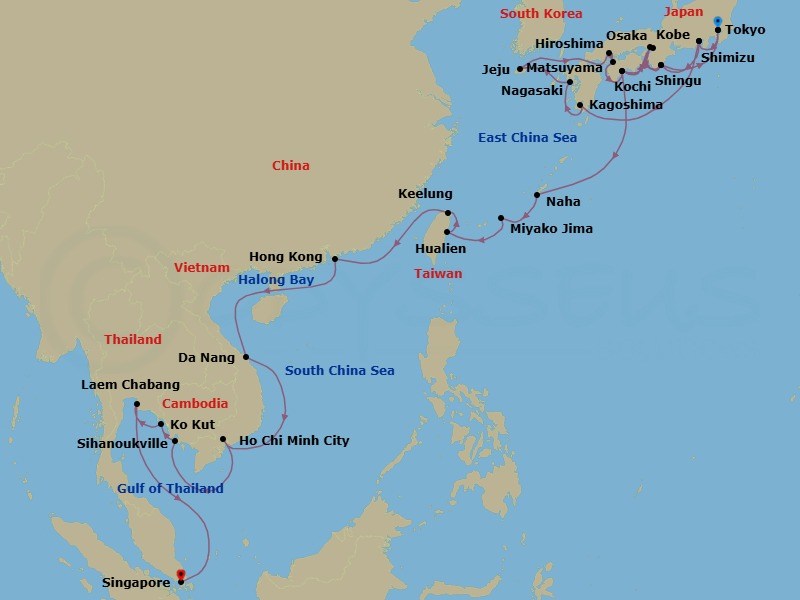 Route map: Tokyo, Japan → Shimizu, Japan → Kagoshima, Japan → Nagasaki, Japan → Jeju (Cheju) City, South Korea → Hiroshima, Japan → Matsuyama, Japan → Kochi, Japan → Kobe, Japan → Shingu, Japan