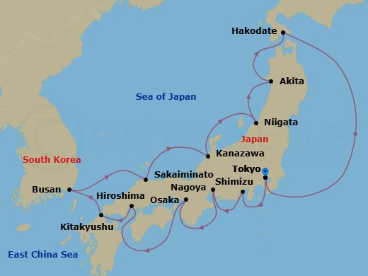 Route map: Tokyo → Mt Fuji (Shimizu) → Nagoya → Osaka → Hiroshima → Kitakyushu → Busan → Sakaiminato → Kanazawa → Niigata