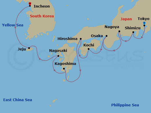 Route map: Tokyo → Shimizu → Nagoya → Osaka → Kochi → Hiroshima → Kagoshima → Nagasaki → Jeju → Seoul (Incheon)