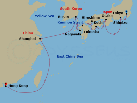 Route map: Tokyo, Japan → Shimizu, Japan → Osaka, Japan → Kochi, Japan → Hiroshima, Japan → Fukuoka (Hakata), Japan → Nagasaki, Japan → Busan (Pusan), South Korea → Shanghai, China → Hong Kong, China
