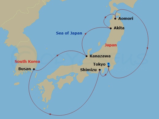 Route map: Tokyo → Shimizu → Busan (Pusan) → Kanazawa → Akita → Aomori → Tokyo