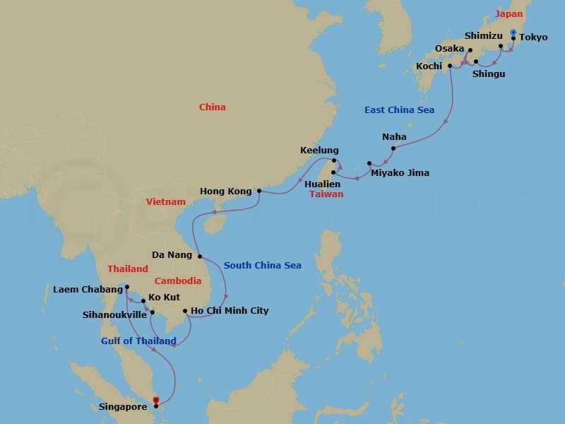 Route map: Tokyo, Japan → Shimizu, Japan → Shingu, Japan → Osaka, Japan → Kochi, Japan → Naha, Japan → Miyakojima, Japan → Hualien, Taiwan → Keelung (Taipei), Taiwan → Hong Kong, China